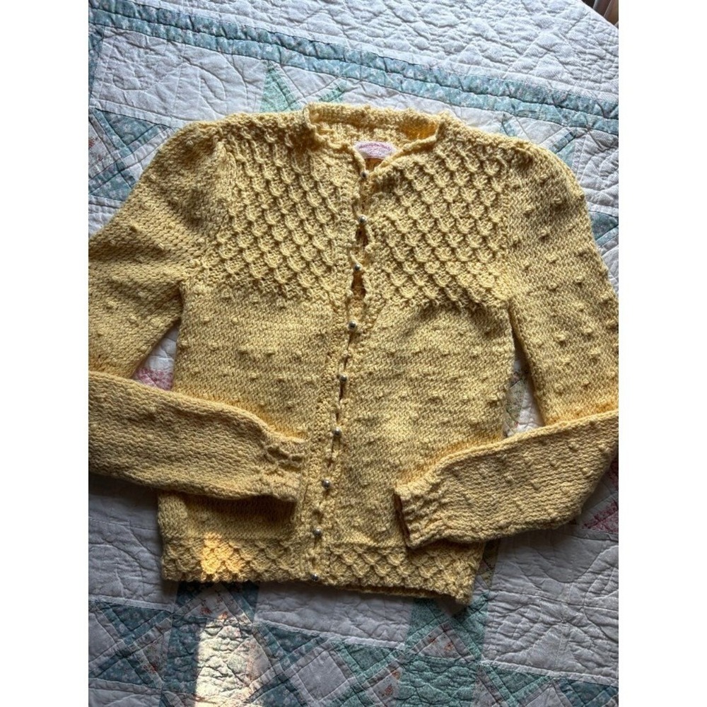 Vintage Handmade Yellow Chunky Knit Cardigan Sweater Small Cottagecore Dainty